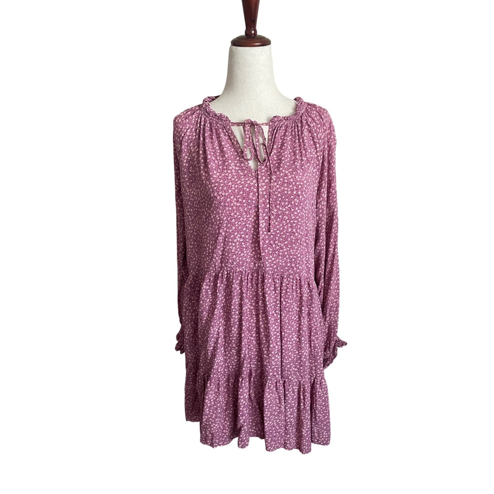 Purple Floral Long Sleeve Tiered Babydoll‎ Mini Dress Large Cottage Prairie Boho